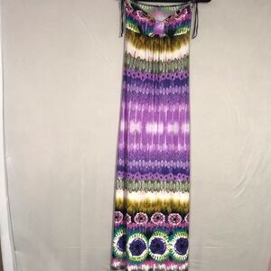 Chico’s Bandeau Maxi Summer Dress Size Small, Bohemian Tie Dye Print, Strapless